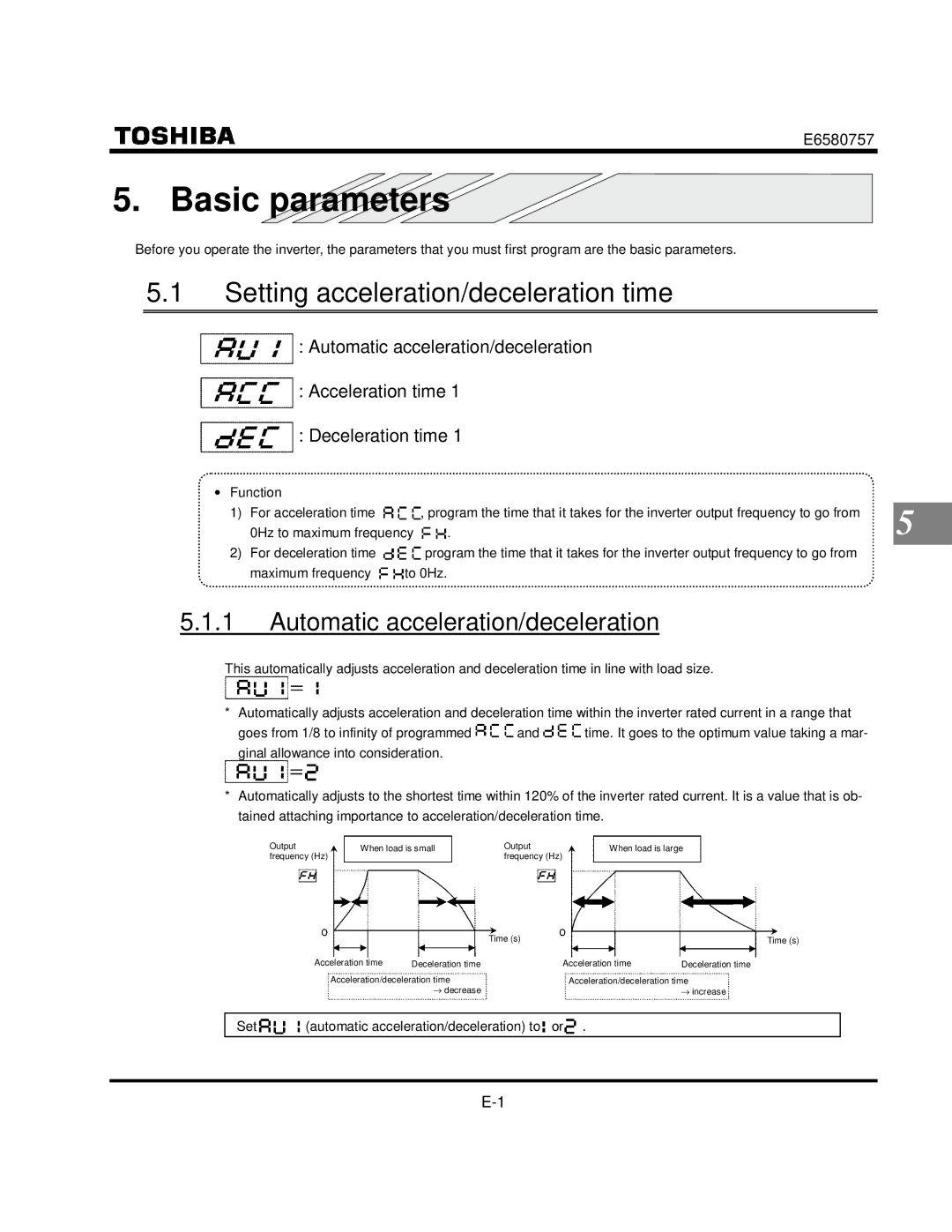 Toshiba VF-S9 manual Basic parameters, Setting acceleration/deceleration time, Automatic acceleration/deceleration 