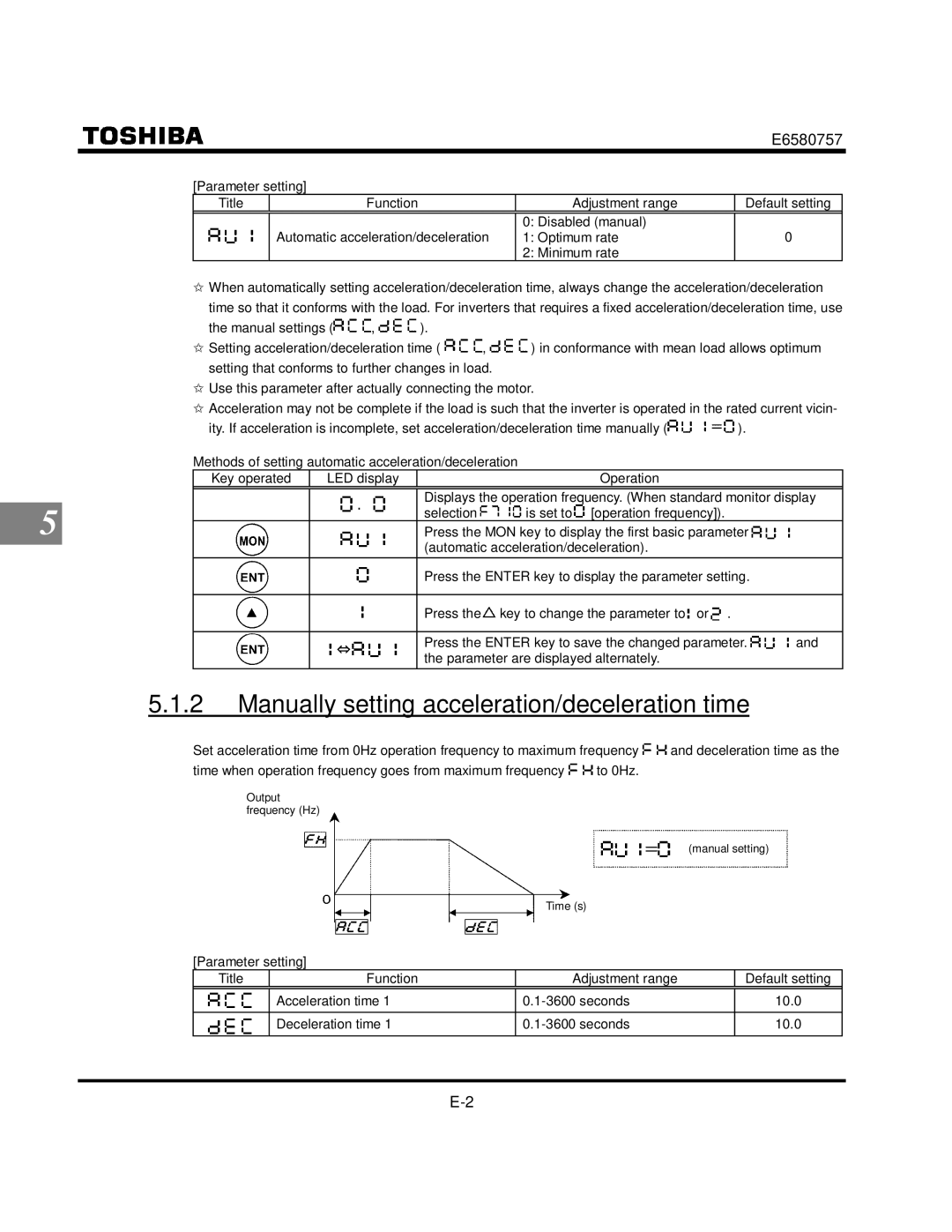 Toshiba VF-S9 manual Manually setting acceleration/deceleration time, Parameter setting Title Function Adjustment range 