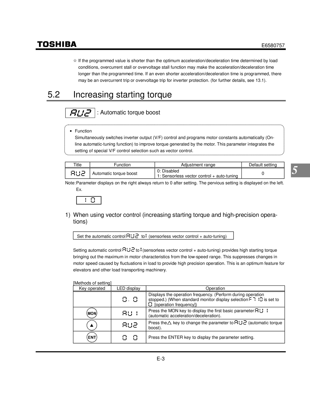 Toshiba VF-S9 manual Increasing starting torque, Automatic torque boost 