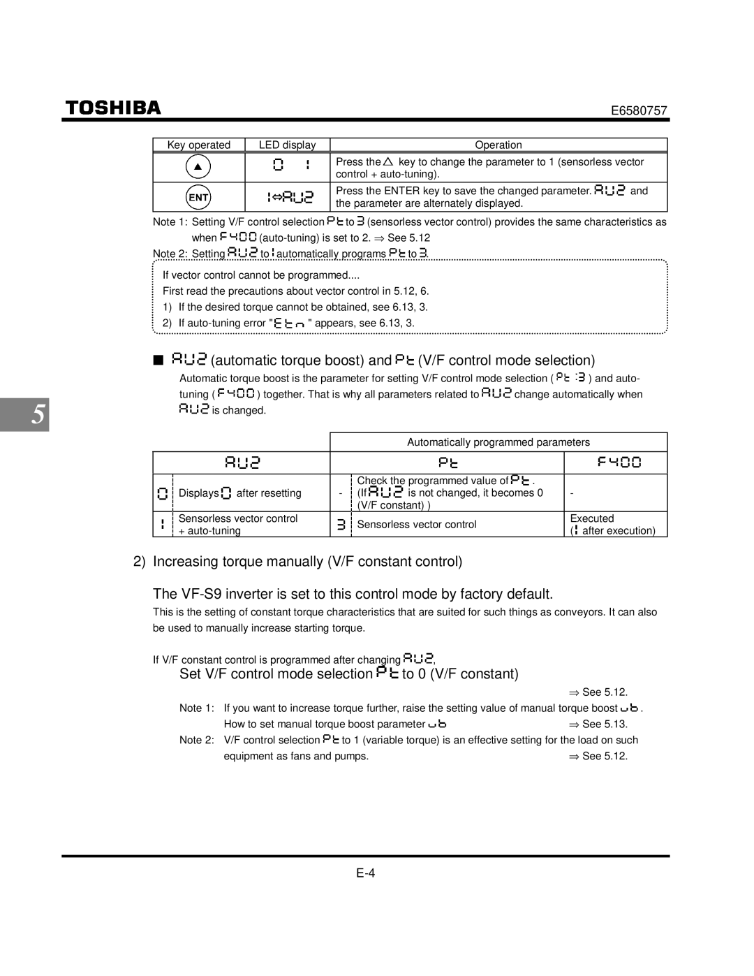 Toshiba VF-S9 Automatic torque boost and V/F control mode selection, Set V/F control mode selection to 0 V/F constant, See 