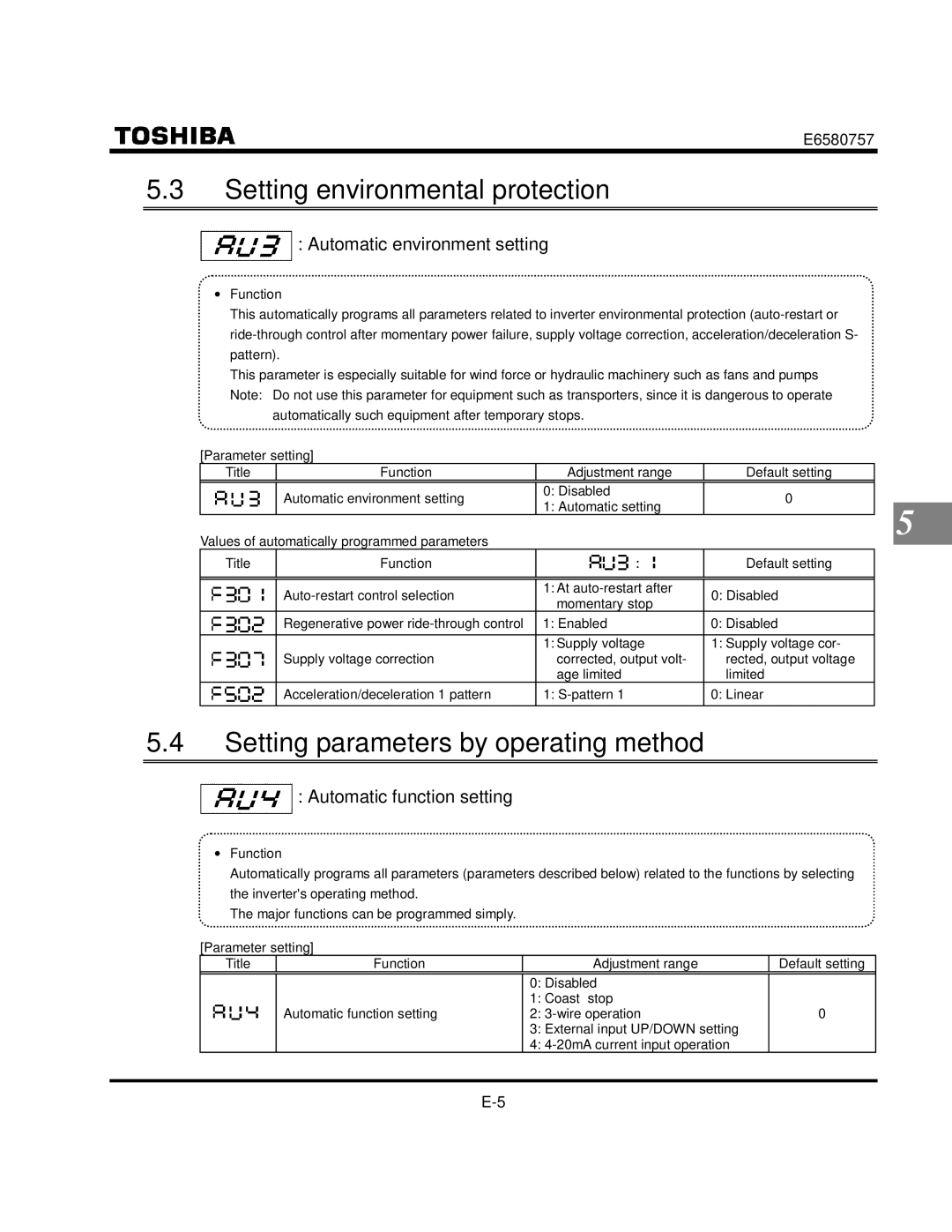 Toshiba VF-S9 Setting environmental protection, Setting parameters by operating method, Automatic environment setting 