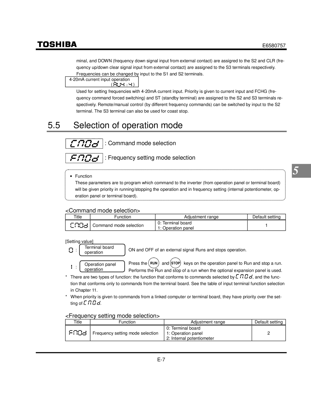 Toshiba VF-S9 manual Selection of operation mode, Command mode selection Frequency setting mode selection 