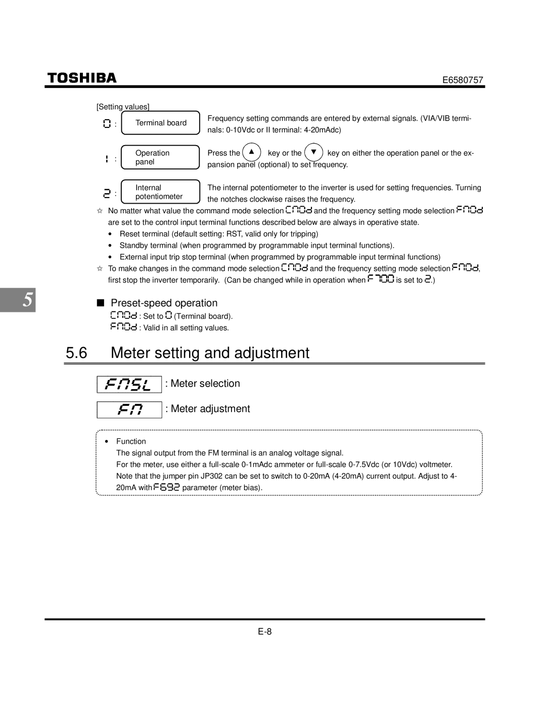 Toshiba VF-S9 manual Meter setting and adjustment, Preset-speed operation, Meter selection Meter adjustment 