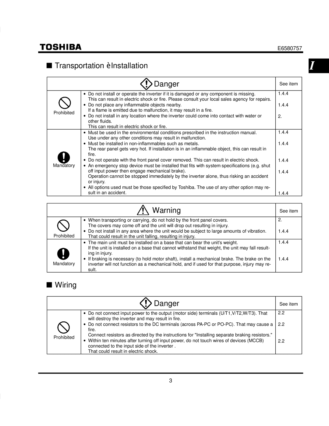 Toshiba VF-S9 manual Transportation ‚ Installation, Wiring 