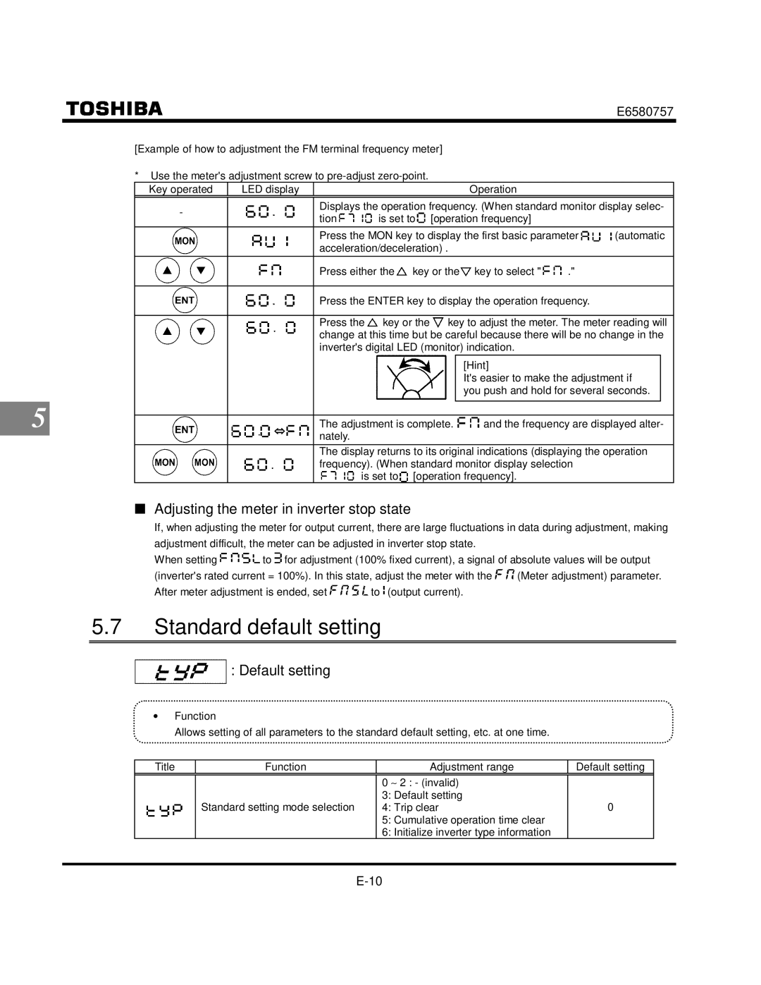 Toshiba VF-S9 manual Standard default setting, Adjusting the meter in inverter stop state, Default setting, Tion Is set to 