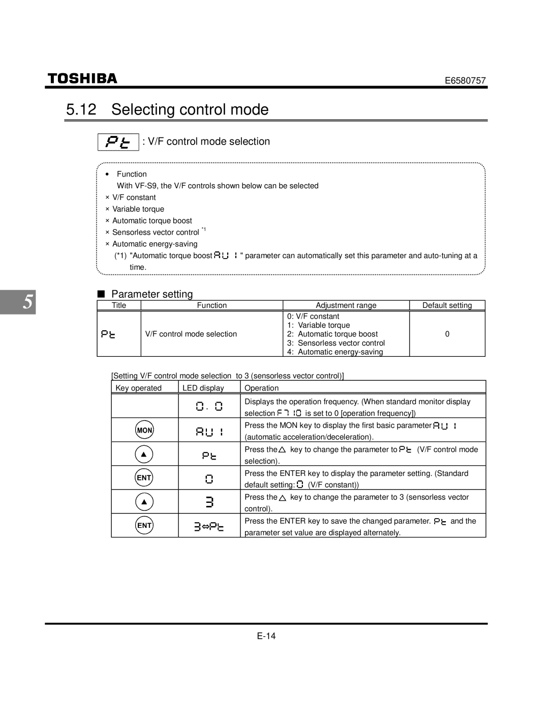 Toshiba VF-S9 manual Selecting control mode, Control mode selection, Time, Selection 