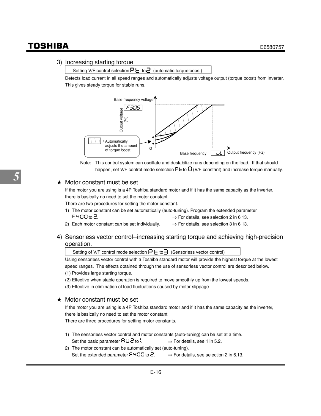 Toshiba VF-S9 Increasing starting torque, Motor constant must be set, Setting V/F control selection Automatic torque boost 