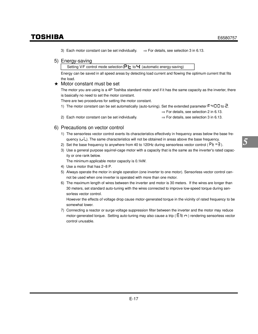 Toshiba VF-S9 manual Energy-saving, Precautions on vector control, Sorless vector control, Somewhat lower 