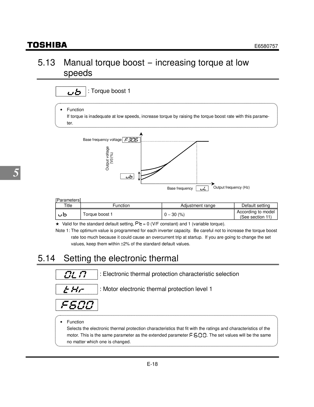 Toshiba VF-S9 manual Manual torque boost increasing torque at low speeds, Setting the electronic thermal, Torque boost 