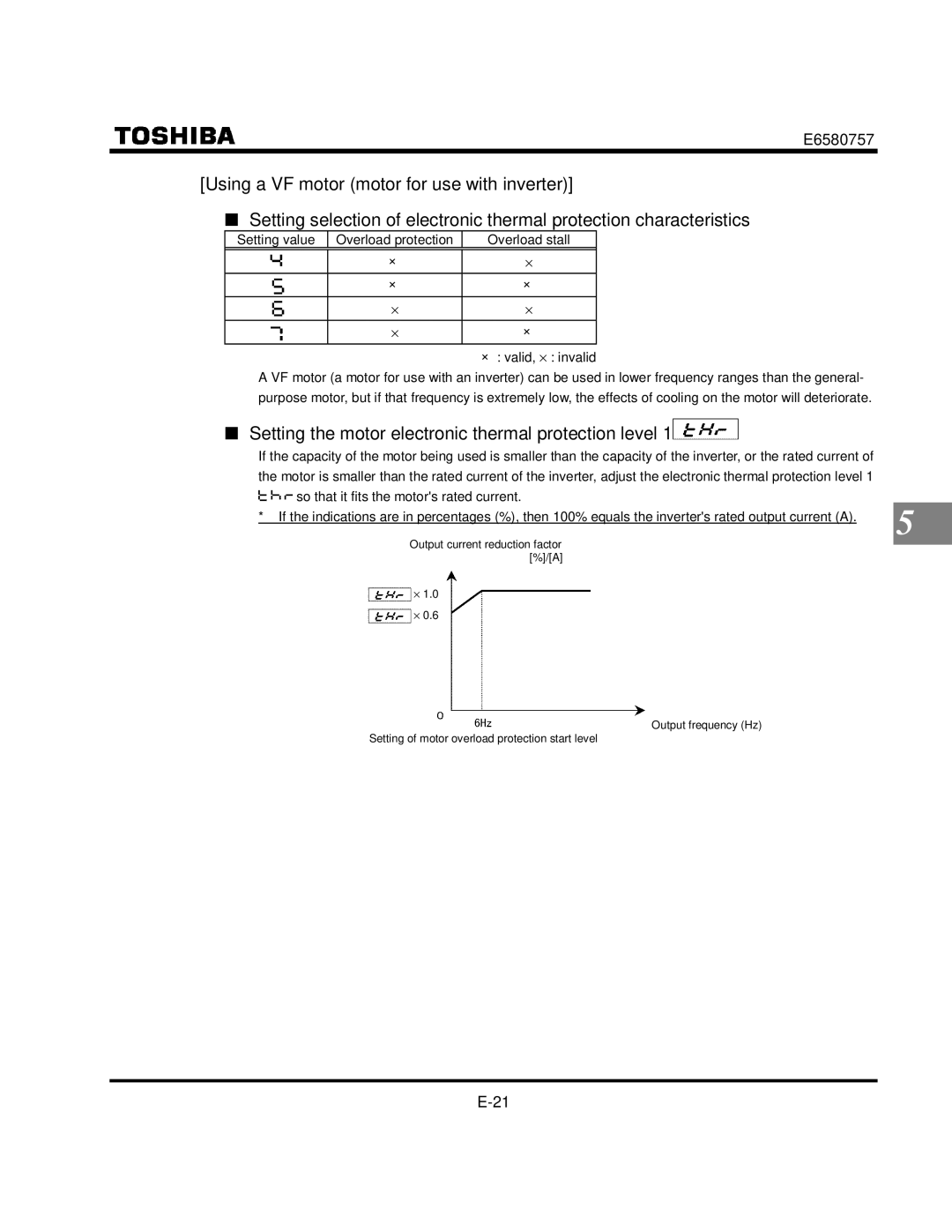 Toshiba VF-S9 Setting the motor electronic thermal protection level, Setting value Overload protection Overload stall 