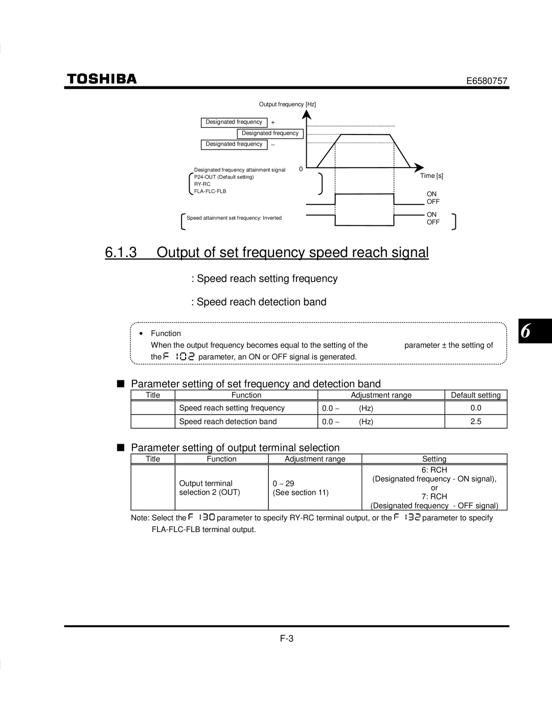 Toshiba VF-S9 manual Output of set frequency speed reach signal, Speed reach setting frequency Speed reach detection band 
