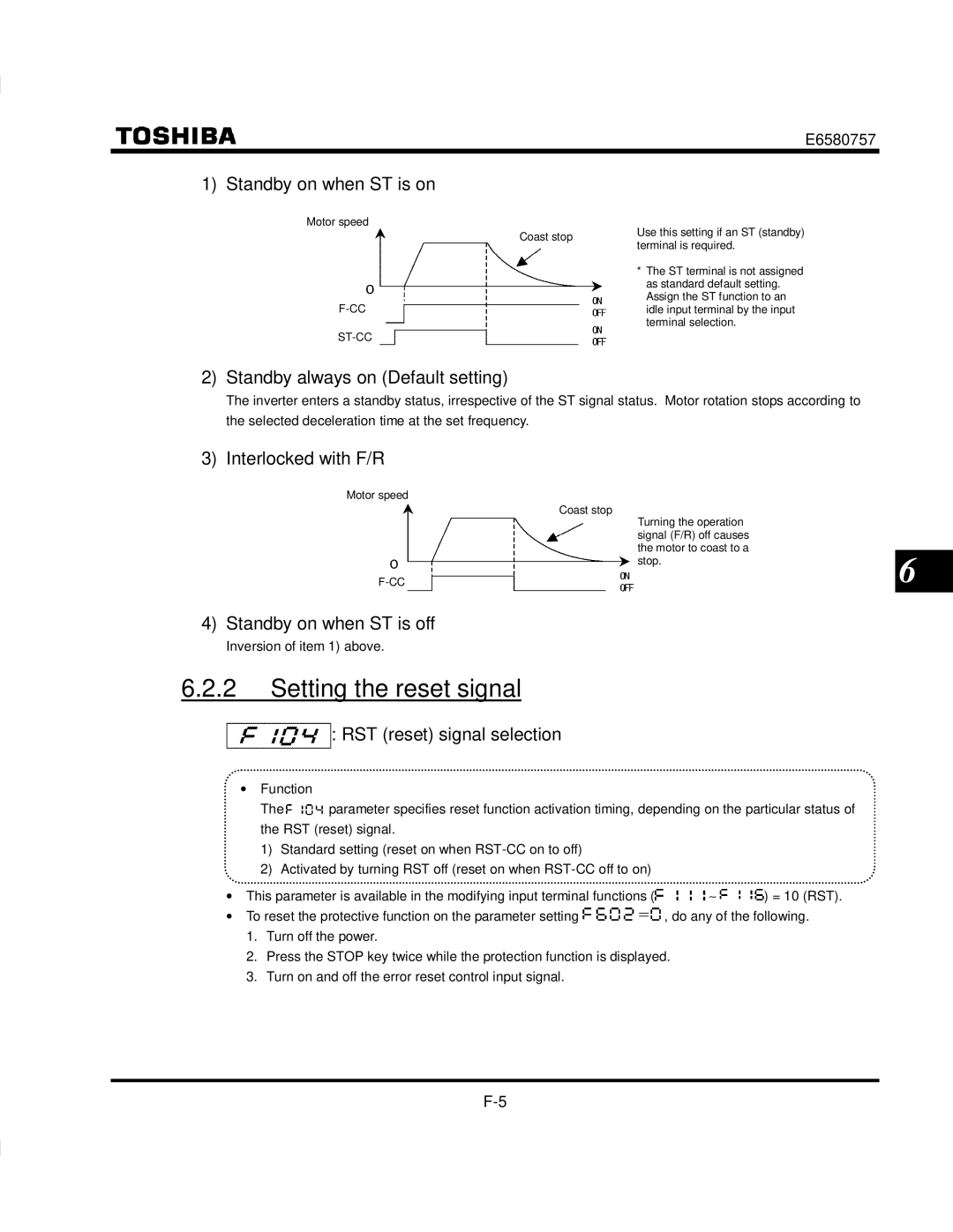 Toshiba VF-S9 manual Setting the reset signal 