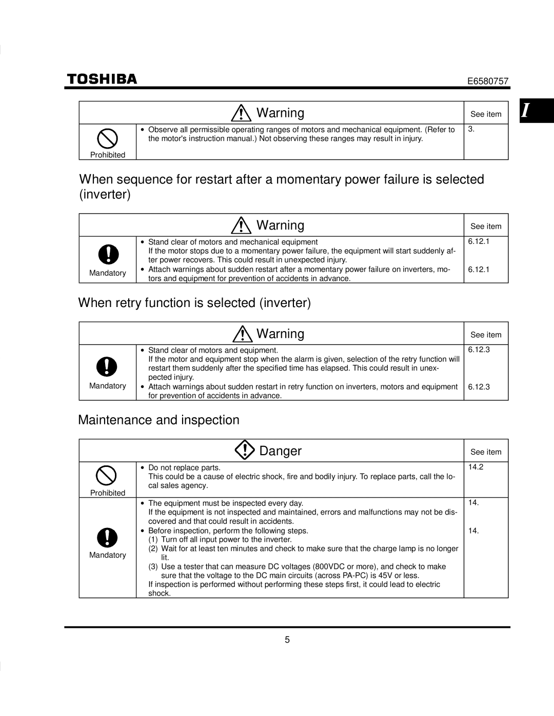 Toshiba VF-S9 manual When retry function is selected inverter, Maintenance and inspection 