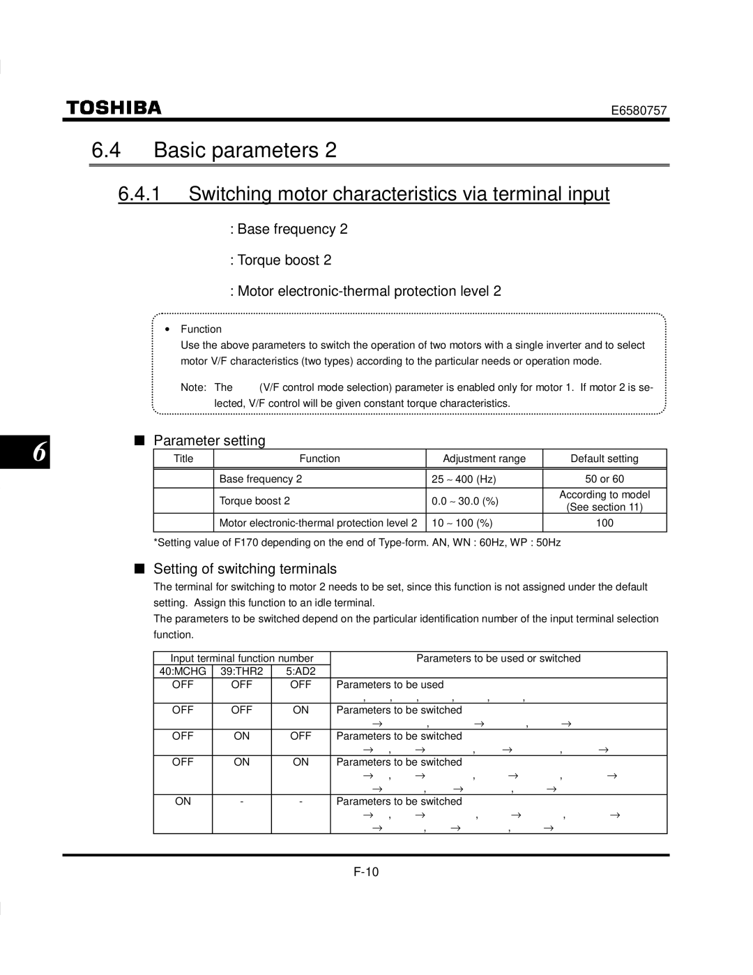 Toshiba VF-S9 manual Basic parameters, Switching motor characteristics via terminal input, Setting of switching terminals 