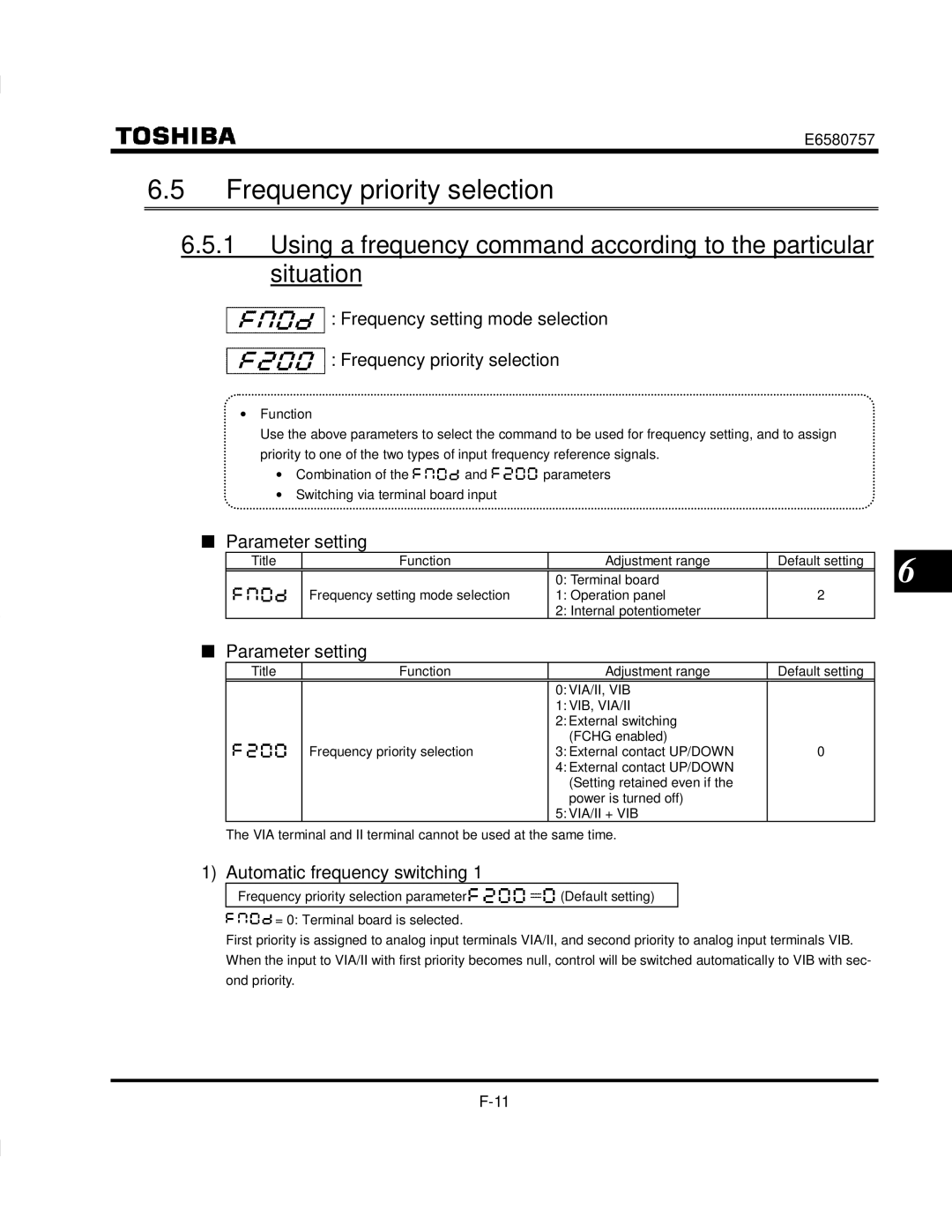 Toshiba VF-S9 manual Frequency priority selection, Automatic frequency switching 