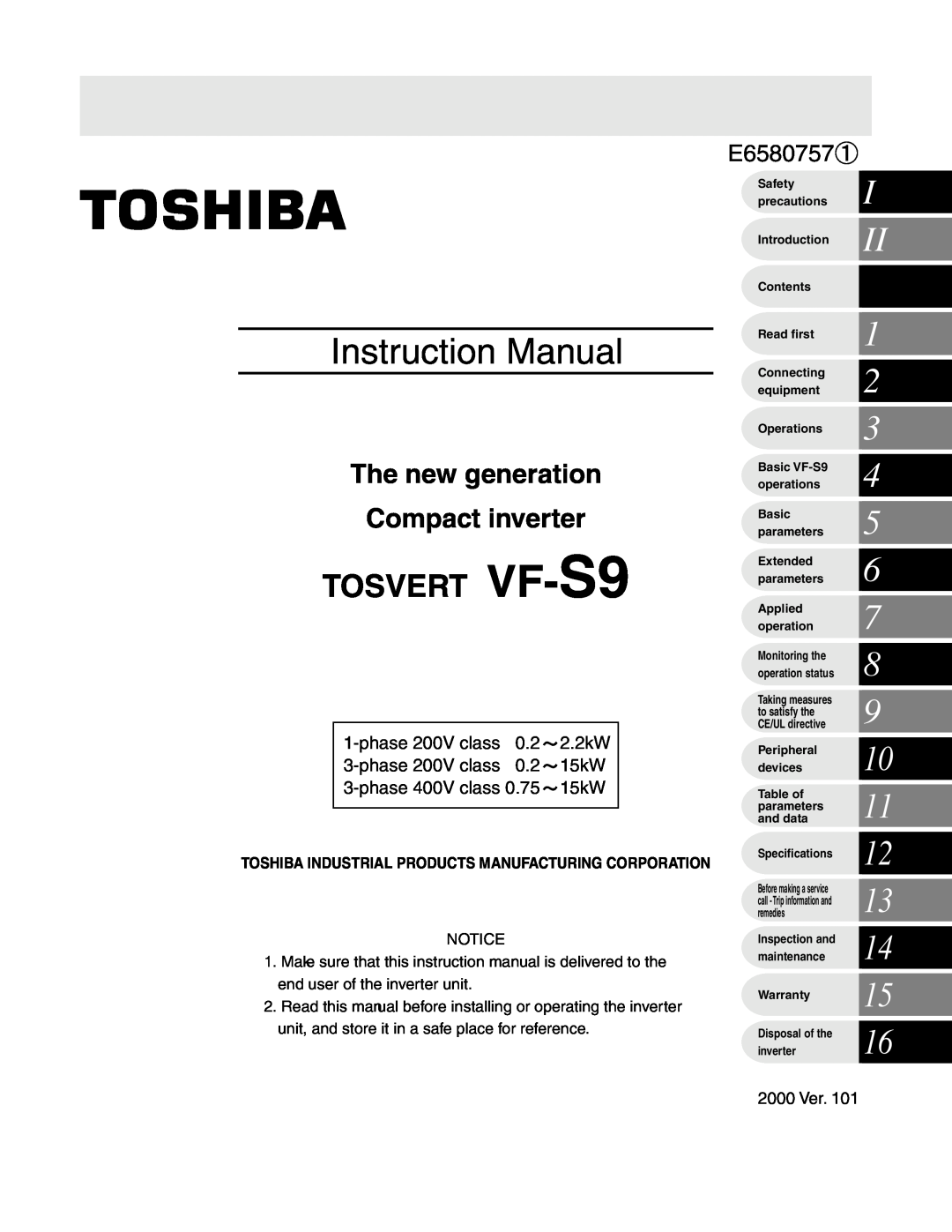 Toshiba VF-S9 manual phase 200V class 0.2 2.2kW 3-phase 200V class 0.2 15kW, phase 400V class 0.75 15kW, 2000 Ver 