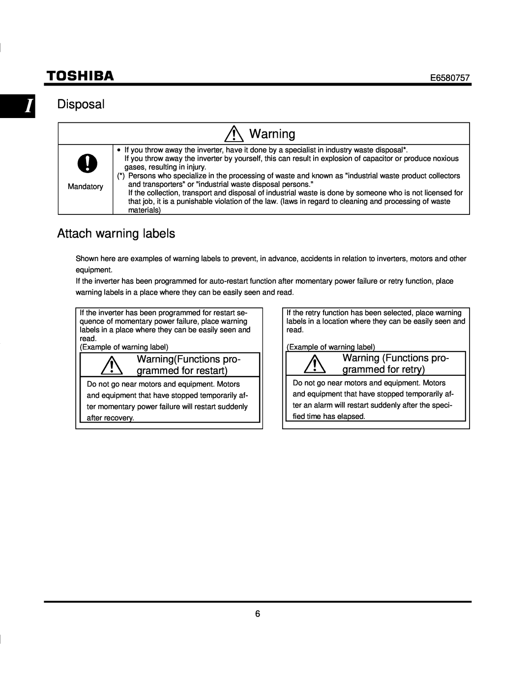 Toshiba VF-S9 manual I Disposal, Attach warning labels, WarningFunctions pro- grammed for restart 