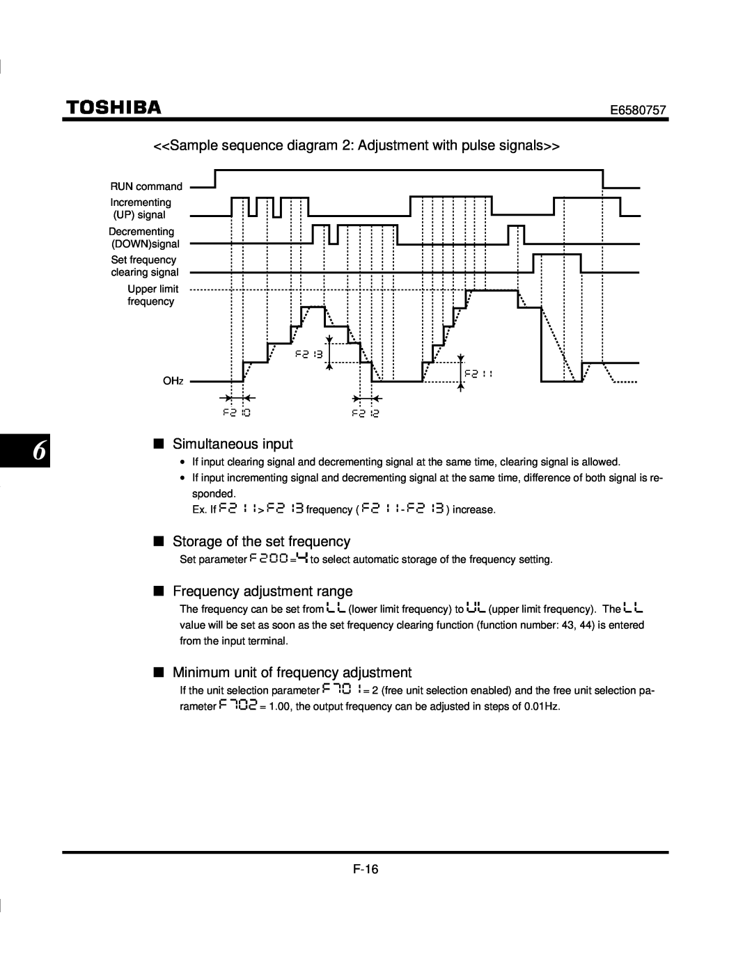 Toshiba VF-S9 Sample sequence diagram 2 Adjustment with pulse signals, Simultaneous input, Storage of the set frequency 