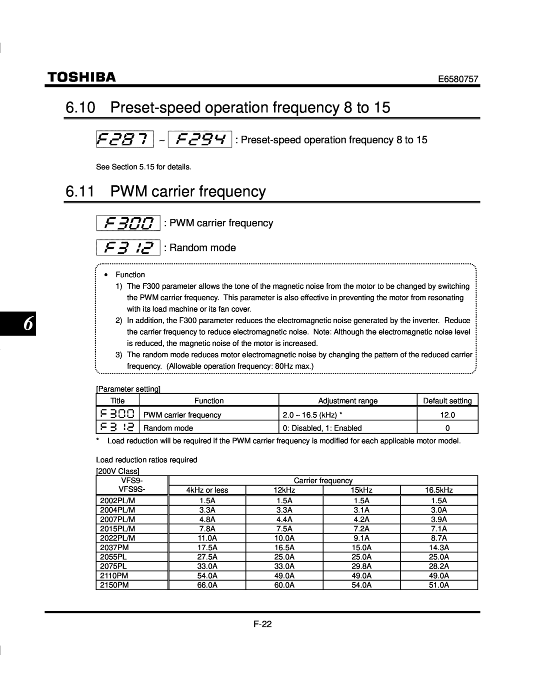 Toshiba VF-S9 manual PWM carrier frequency, ∼ Preset-speed operation frequency 8 to, Random mode 