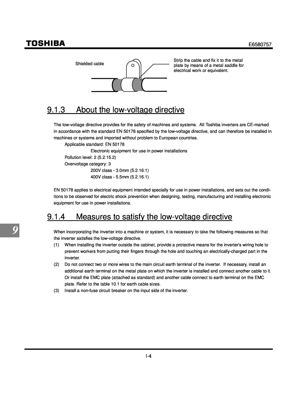 Toshiba VF-S9 manual About the low-voltage directive, 9.1.4, Measures to satisfy the low-voltage directive 