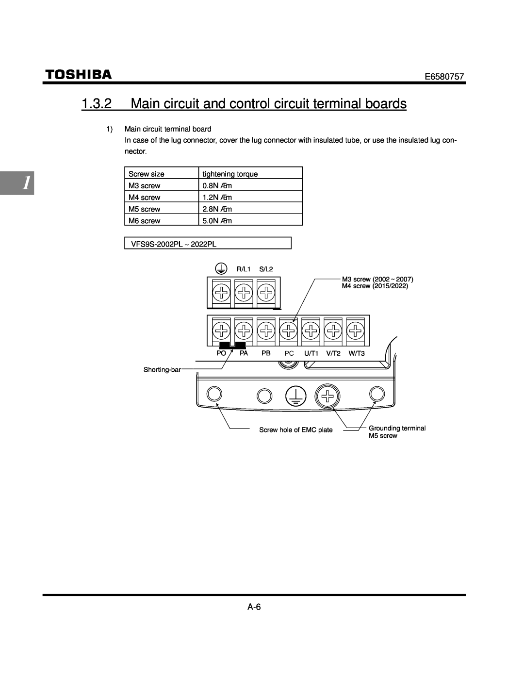 Toshiba VF-S9 manual Main circuit and control circuit terminal boards 
