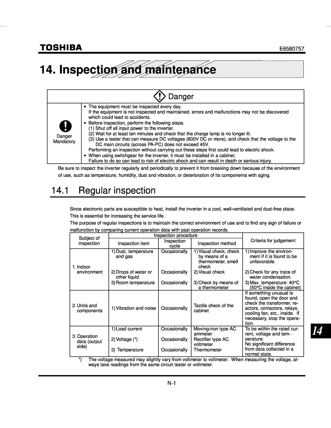 Toshiba VF-S9 manual Inspection and maintenance, Regular inspection, Danger 