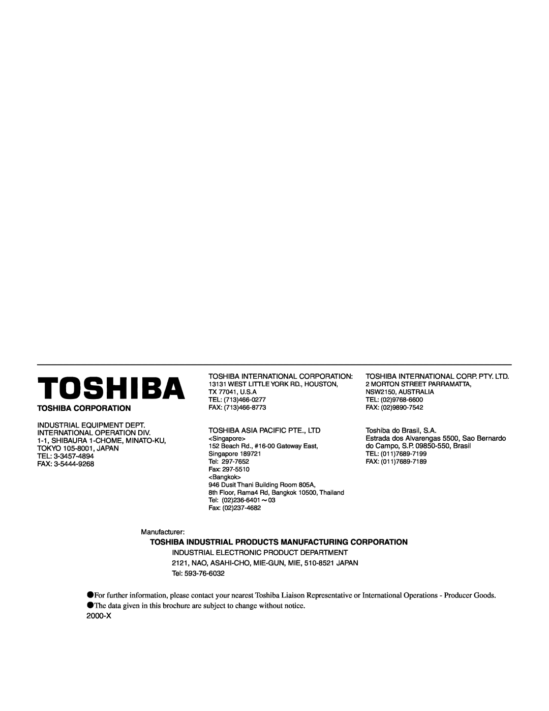 Toshiba VF-S9 manual Toshiba Corporation, Toshiba Industrial Products Manufacturing Corporation 