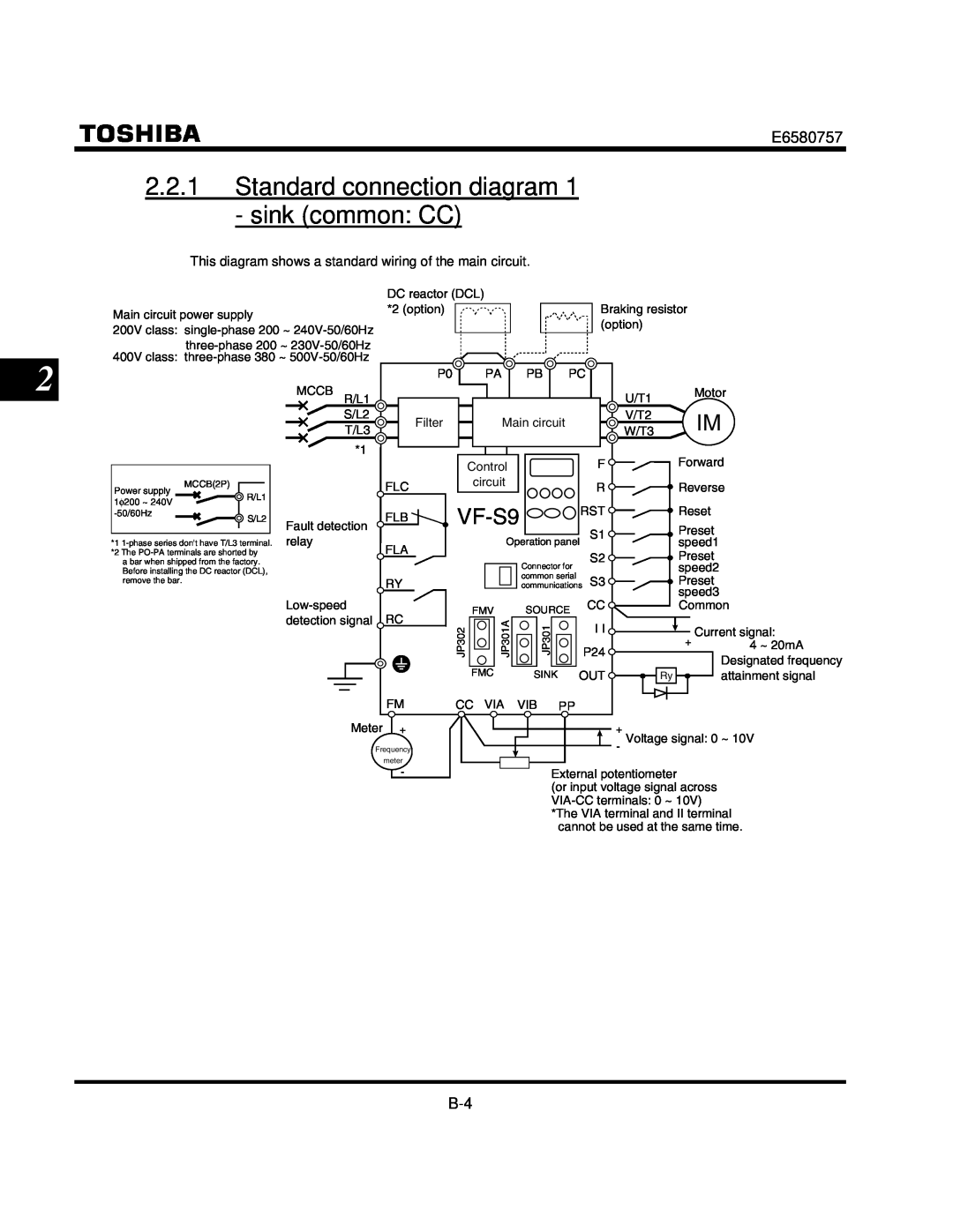 Toshiba VF-S9 manual Standard connection diagram 1 - sink common CC 