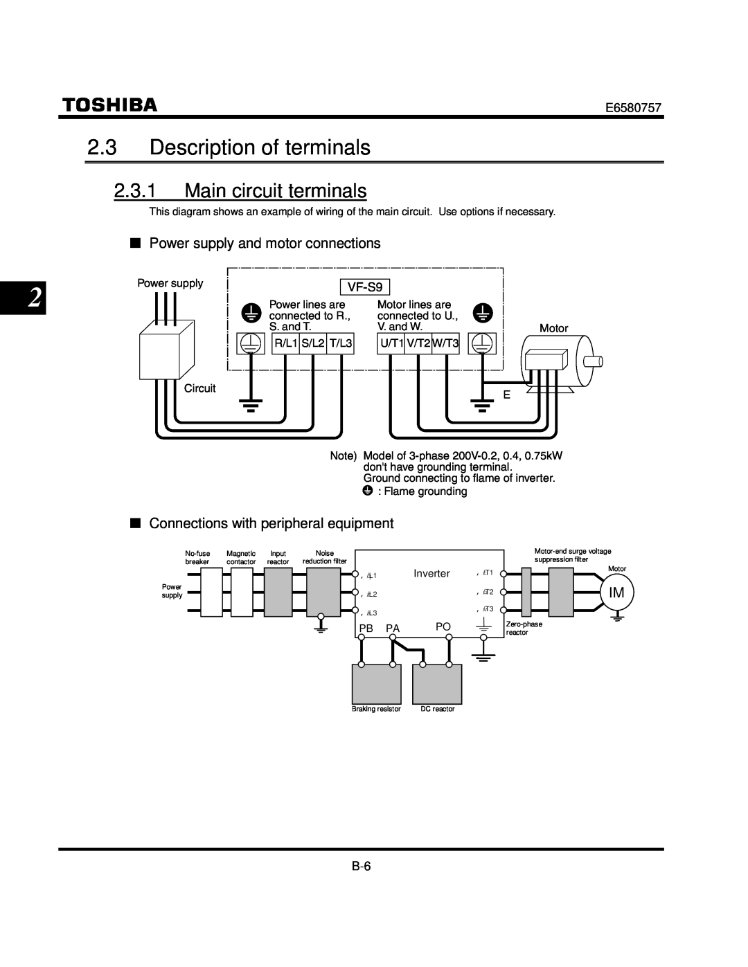 Toshiba VF-S9 manual Description of terminals, Main circuit terminals, Power supply and motor connections 