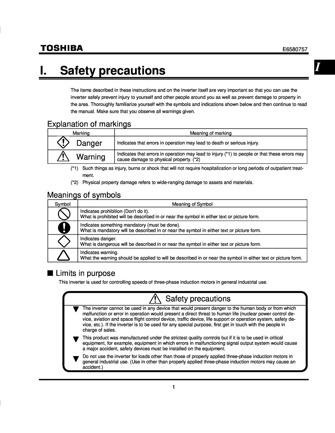 Toshiba VF-S9 manual I. Safety precautions, Explanation of markings, Danger, Meanings of symbols, Limits in purpose 