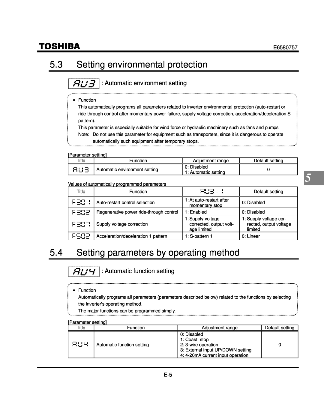 Toshiba VF-S9 Setting environmental protection, Setting parameters by operating method, Automatic environment setting 