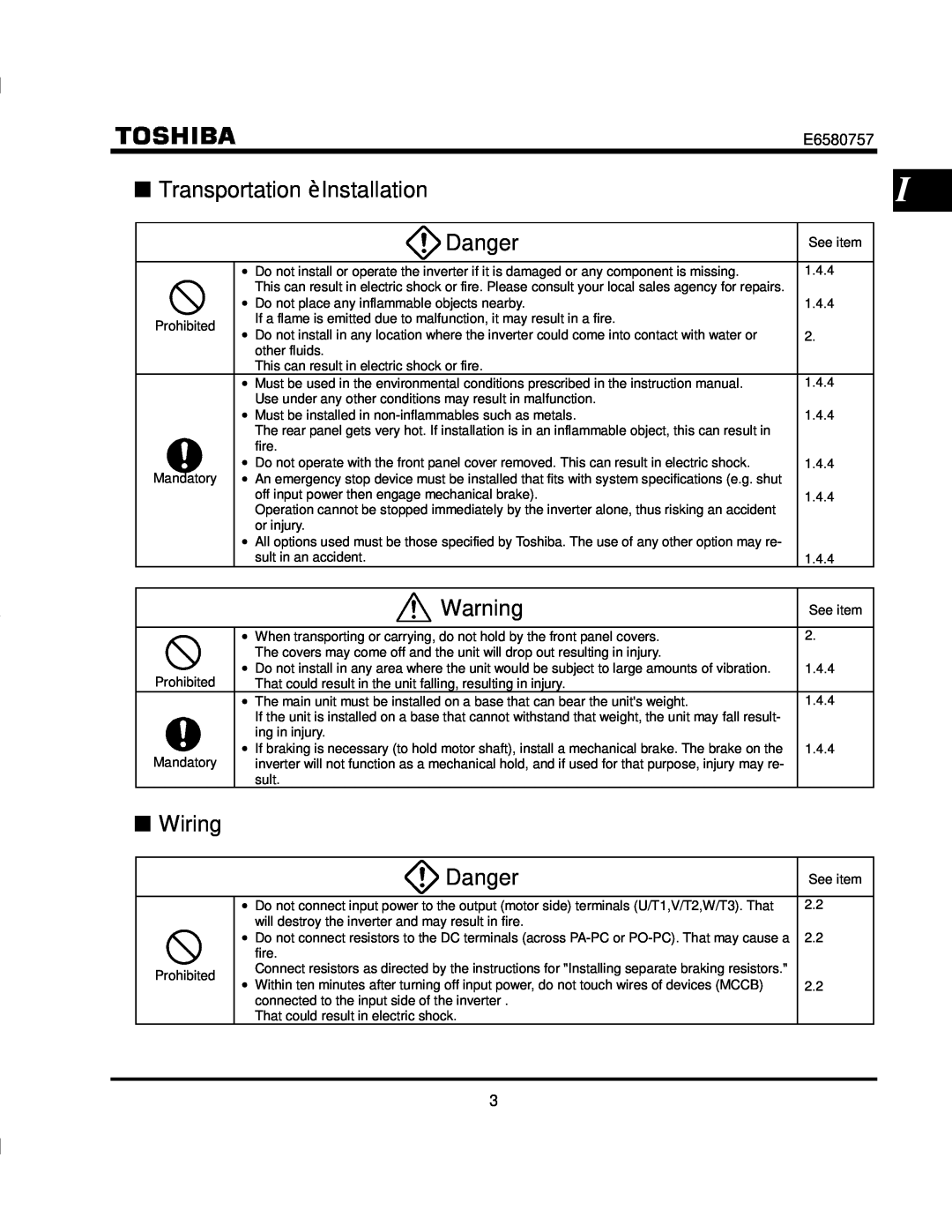 Toshiba VF-S9 manual Transportation ‚ Installation, Wiring, Danger, E6580757 
