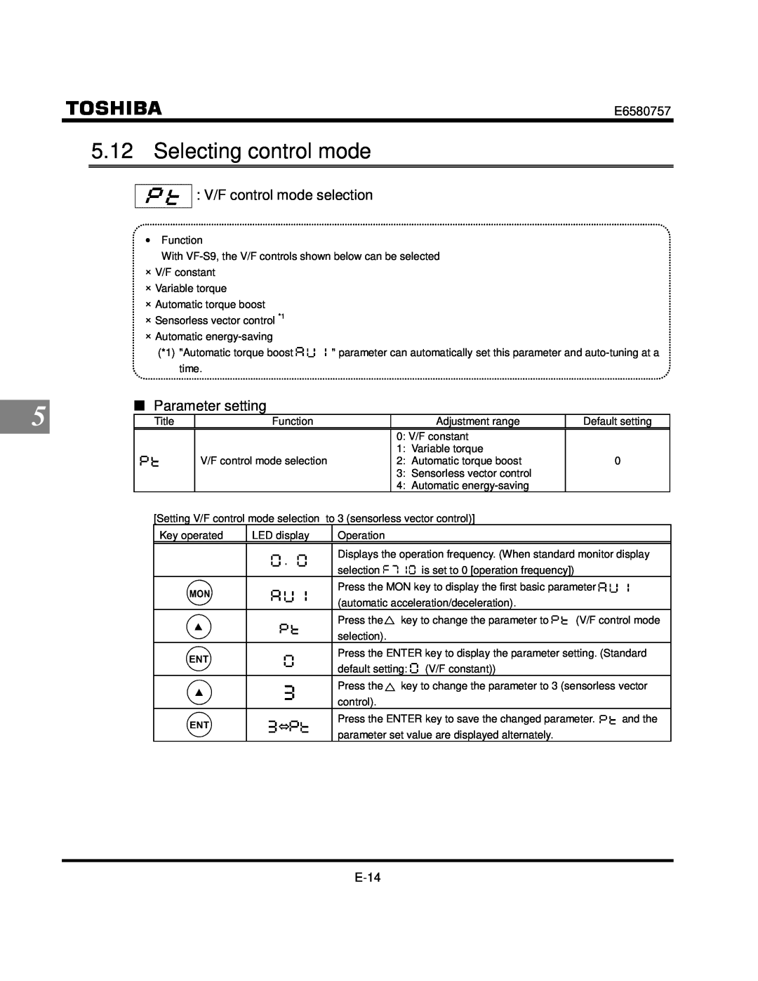 Toshiba VF-S9 manual Selecting control mode, V/F control mode selection, Parameter setting 