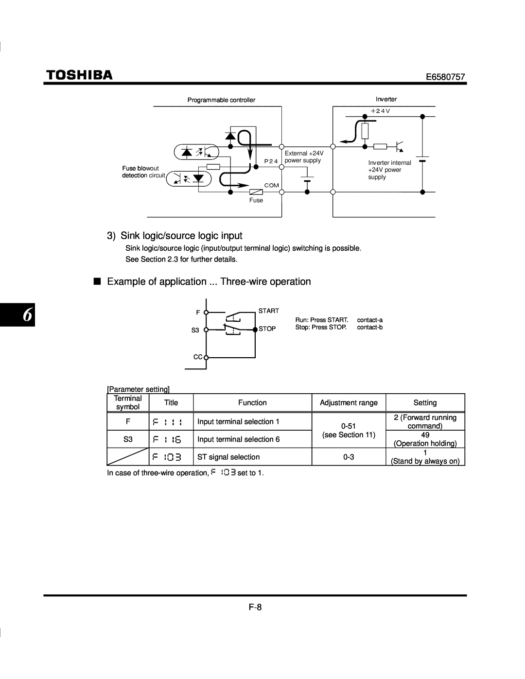 Toshiba VF-S9 manual Sink logic/source logic input, Example of application ... Three-wire operation, Inverter internal 