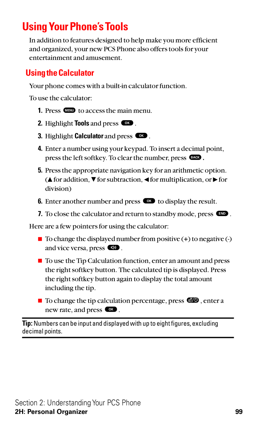 Toshiba VM4050 manual Using Your Phone’s Tools, Using the Calculator 