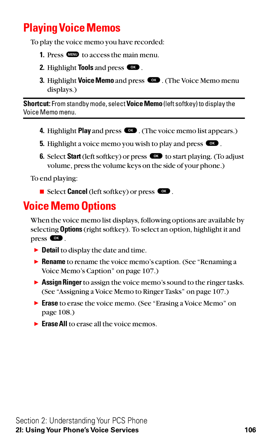 Toshiba VM4050 manual Playing Voice Memos, Voice Memo Options 