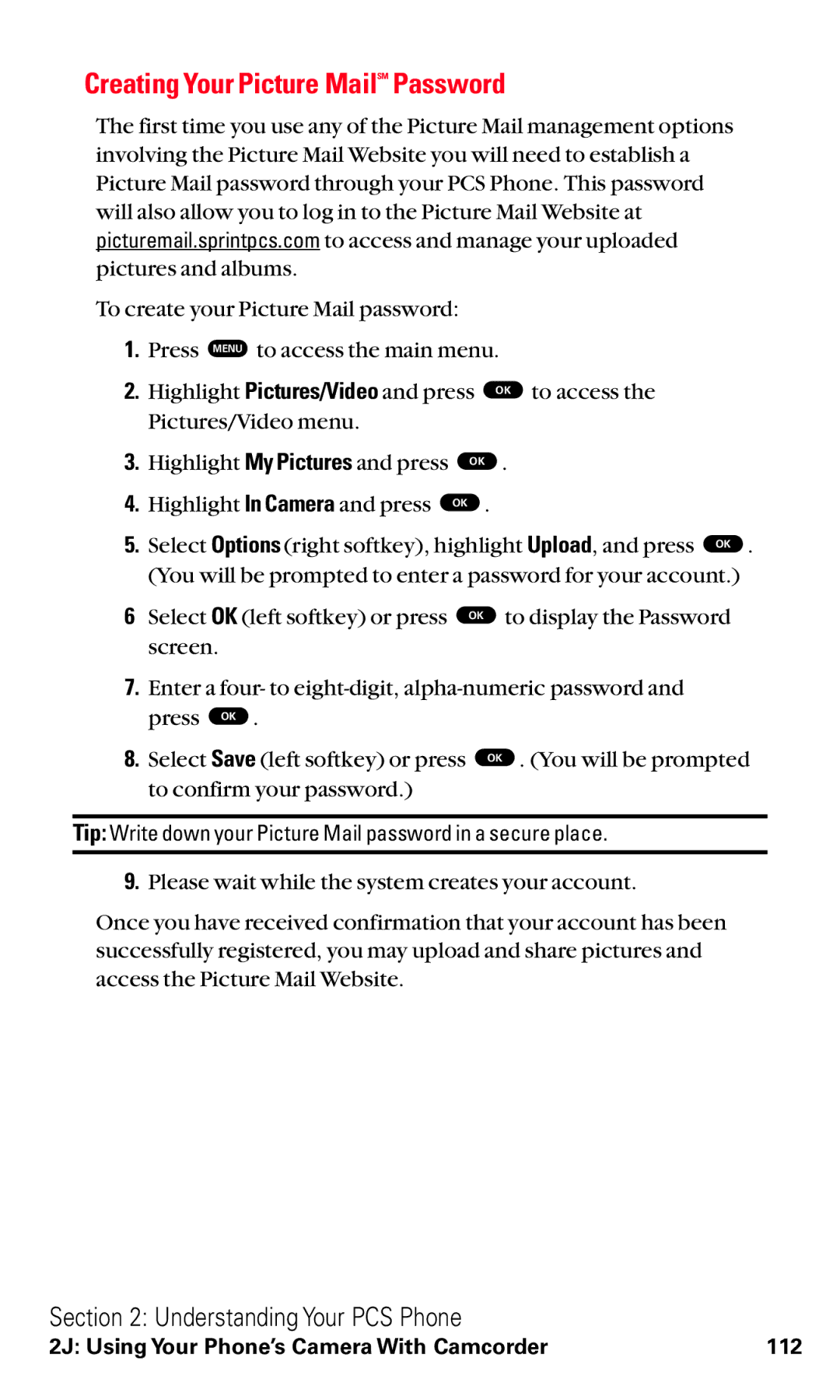 Toshiba VM4050 manual Creating Your Picture MailSM Password 