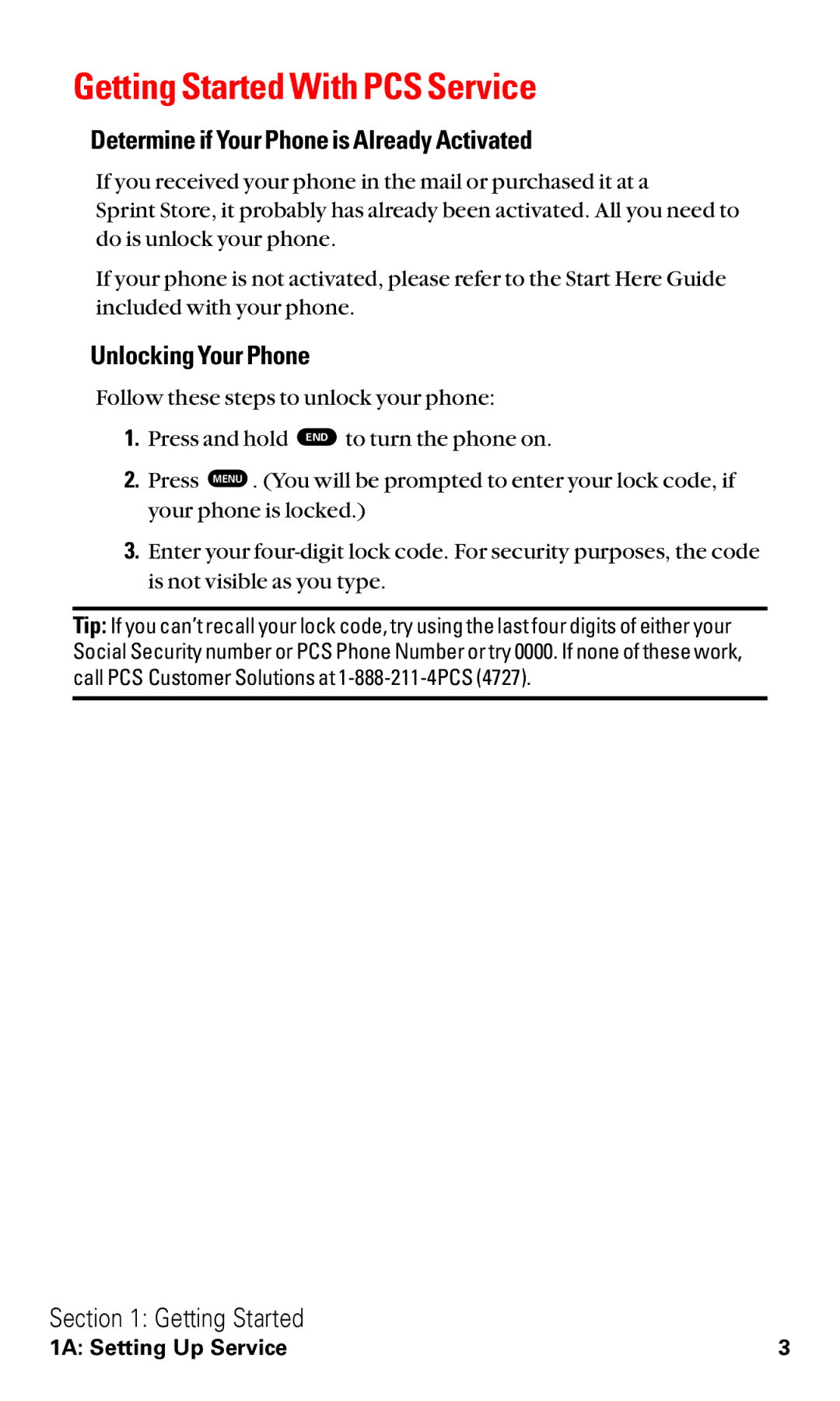 Toshiba VM4050 manual Getting Started With PCS Service, Determine if Your Phone is Already Activated, Unlocking Your Phone 