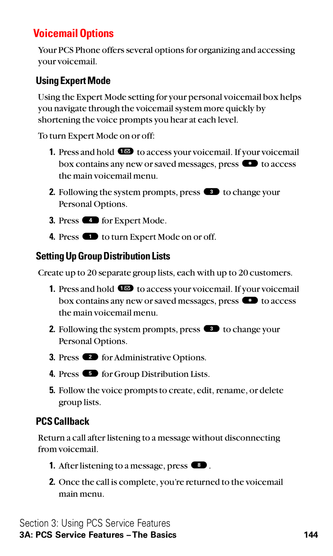 Toshiba VM4050 manual Voicemail Options, Using Expert Mode, Setting Up Group Distribution Lists, PCS Callback 