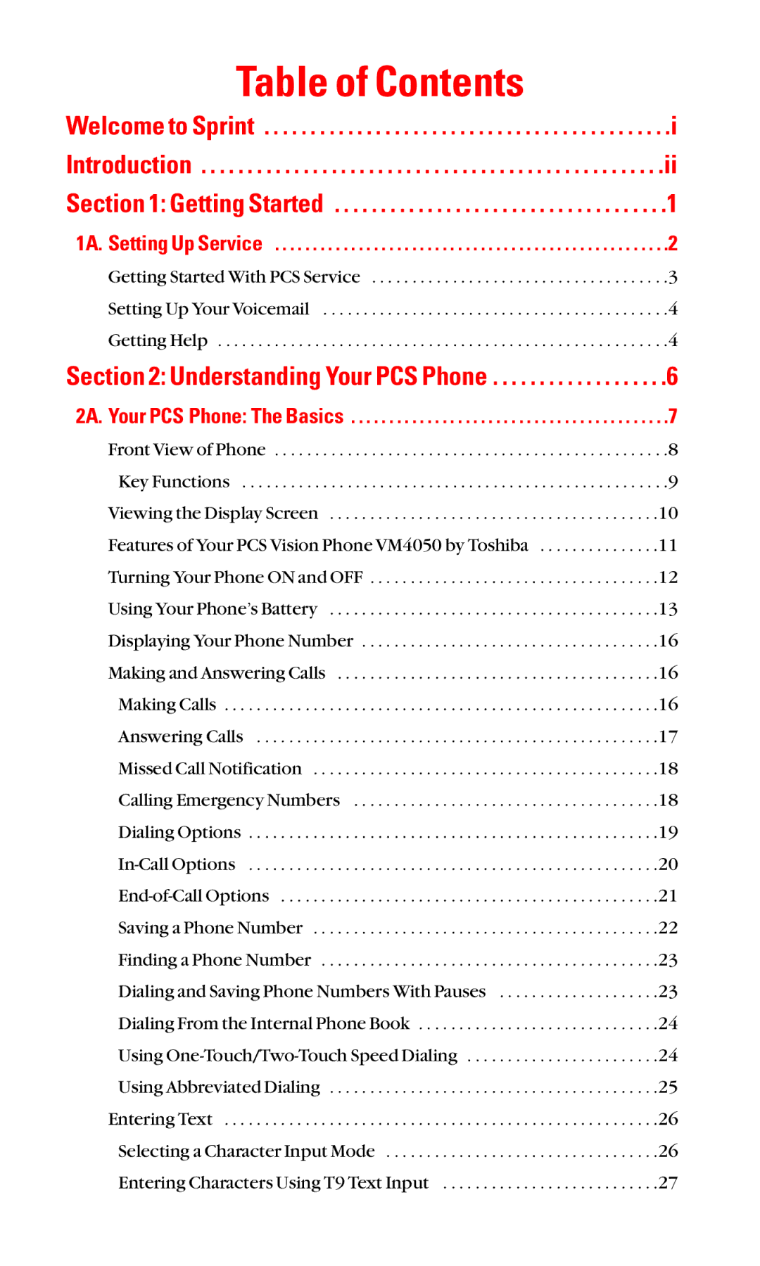 Toshiba VM4050 manual Table of Contents 