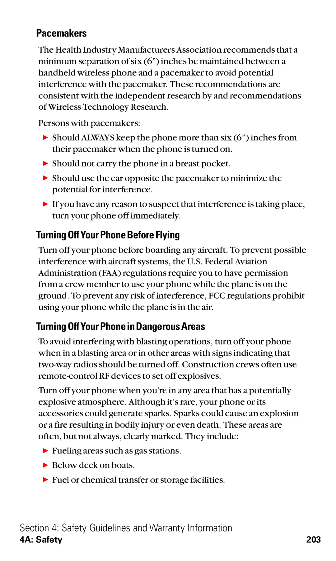 Toshiba VM4050 manual Pacemakers, Turning Off Your Phone Before Flying, Turning Off Your Phone in Dangerous Areas 