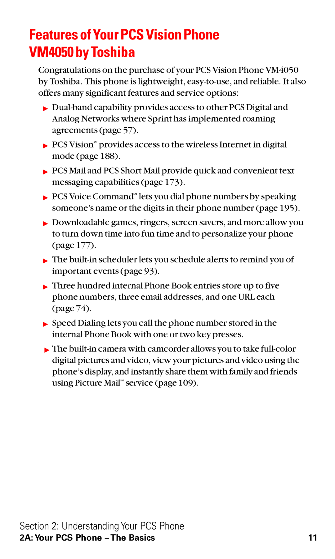 Toshiba manual Features of Your PCS Vision Phone VM4050 by Toshiba 