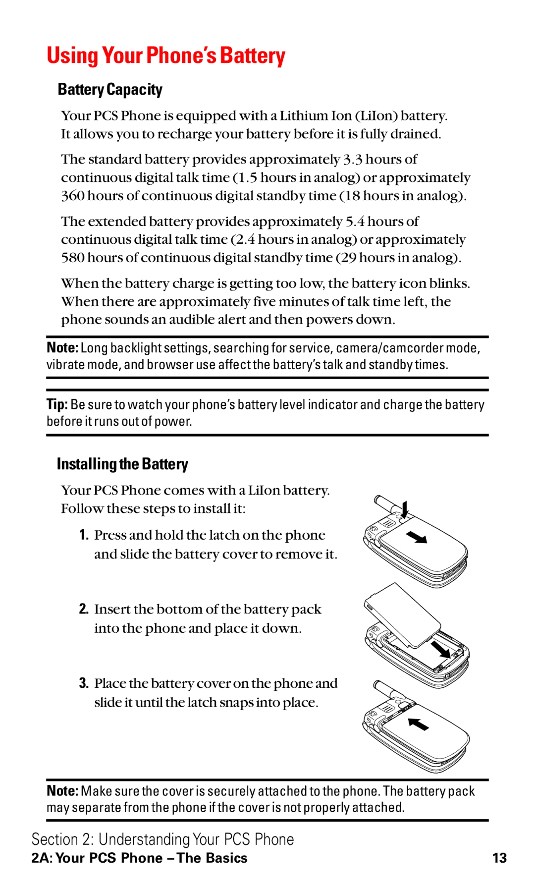 Toshiba VM4050 manual Using Your Phone’s Battery, Battery Capacity, Installingthe Battery 