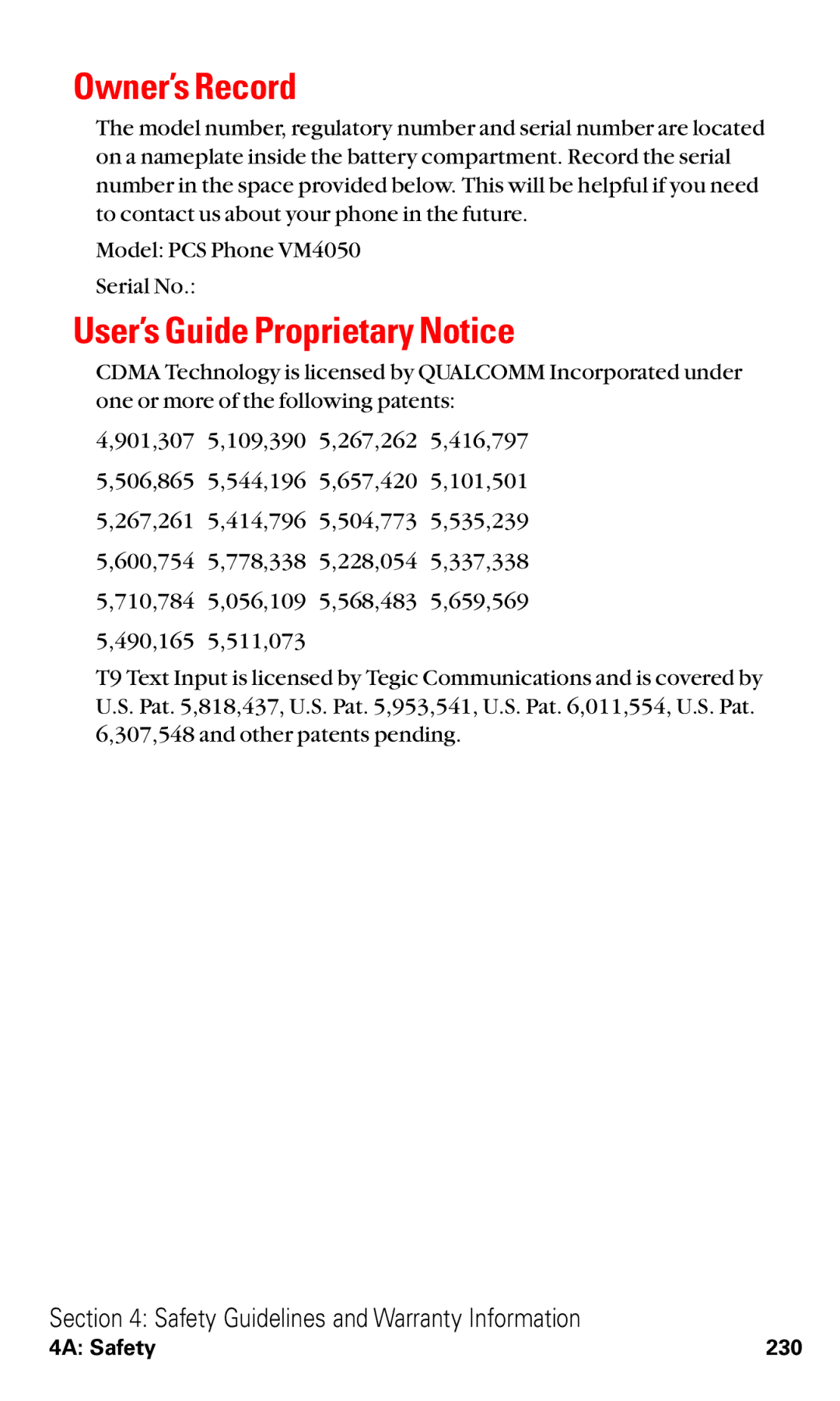 Toshiba VM4050 manual Owner’s Record, User’s Guide Proprietary Notice 