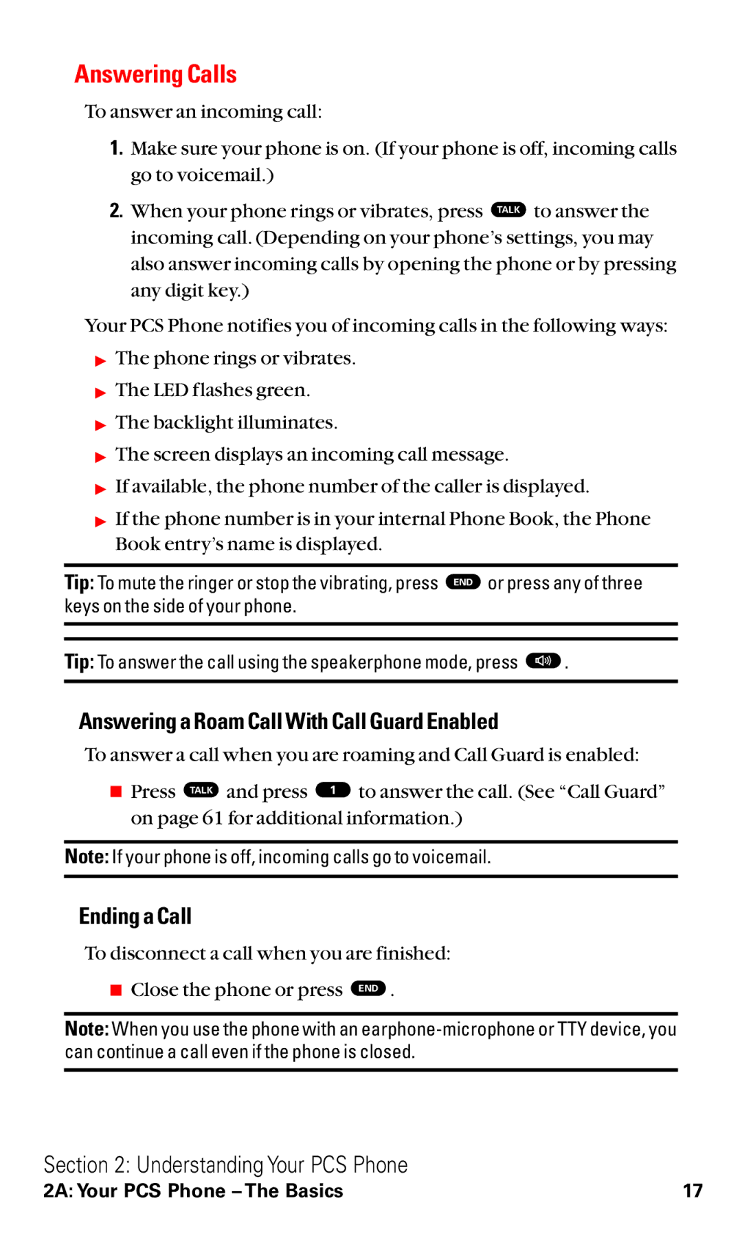 Toshiba VM4050 manual Answering Calls, Answering a Roam Call With Call Guard Enabled, Ending a Call 