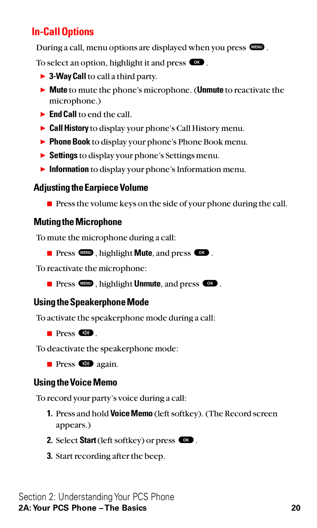 Toshiba VM4050 manual In-Call Options, Adjusting the Earpiece Volume, Muting the Microphone, Using the Speakerphone Mode 