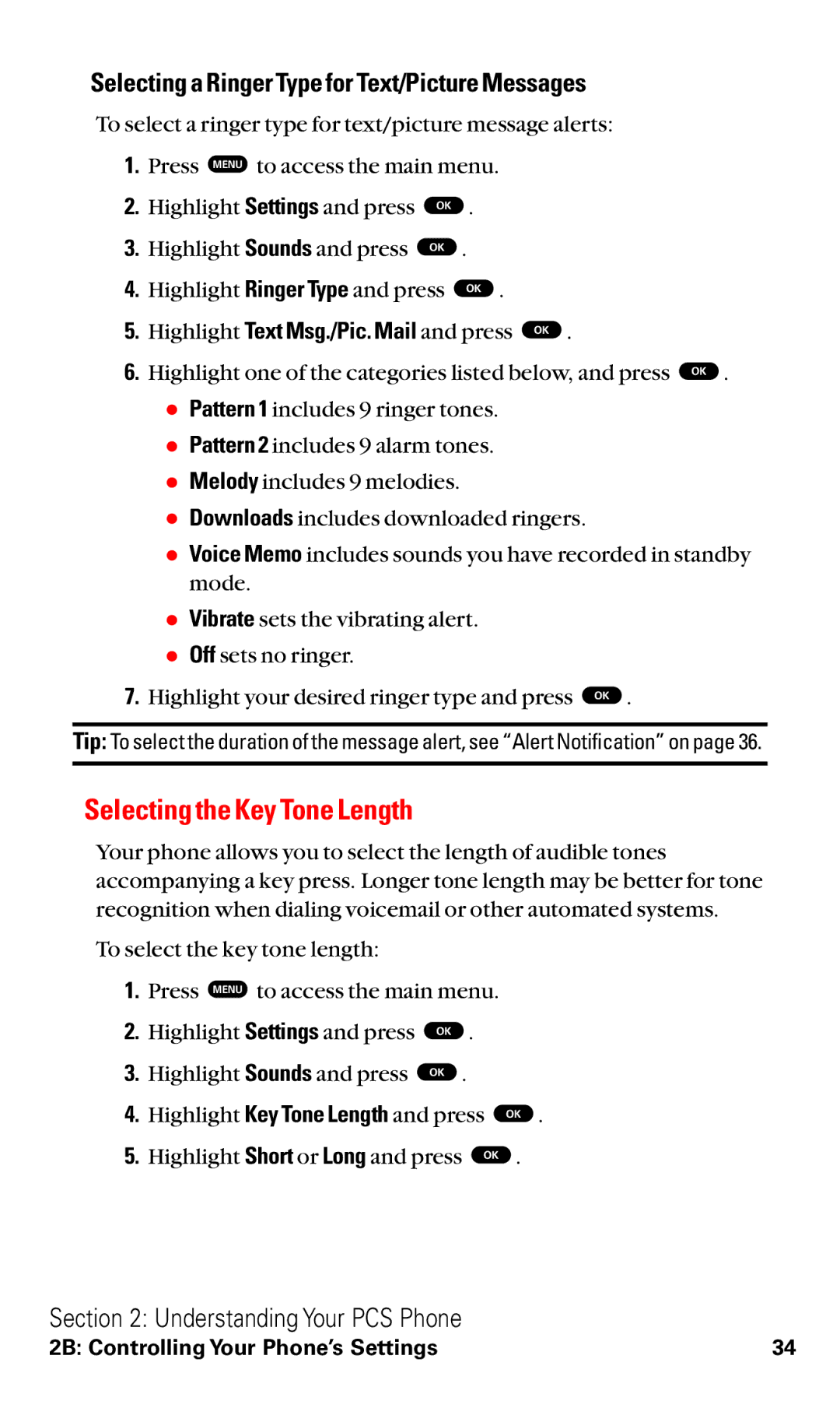 Toshiba VM4050 manual Selecting the Key Tone Length, Selecting a Ringer Type for Text/Picture Messages 