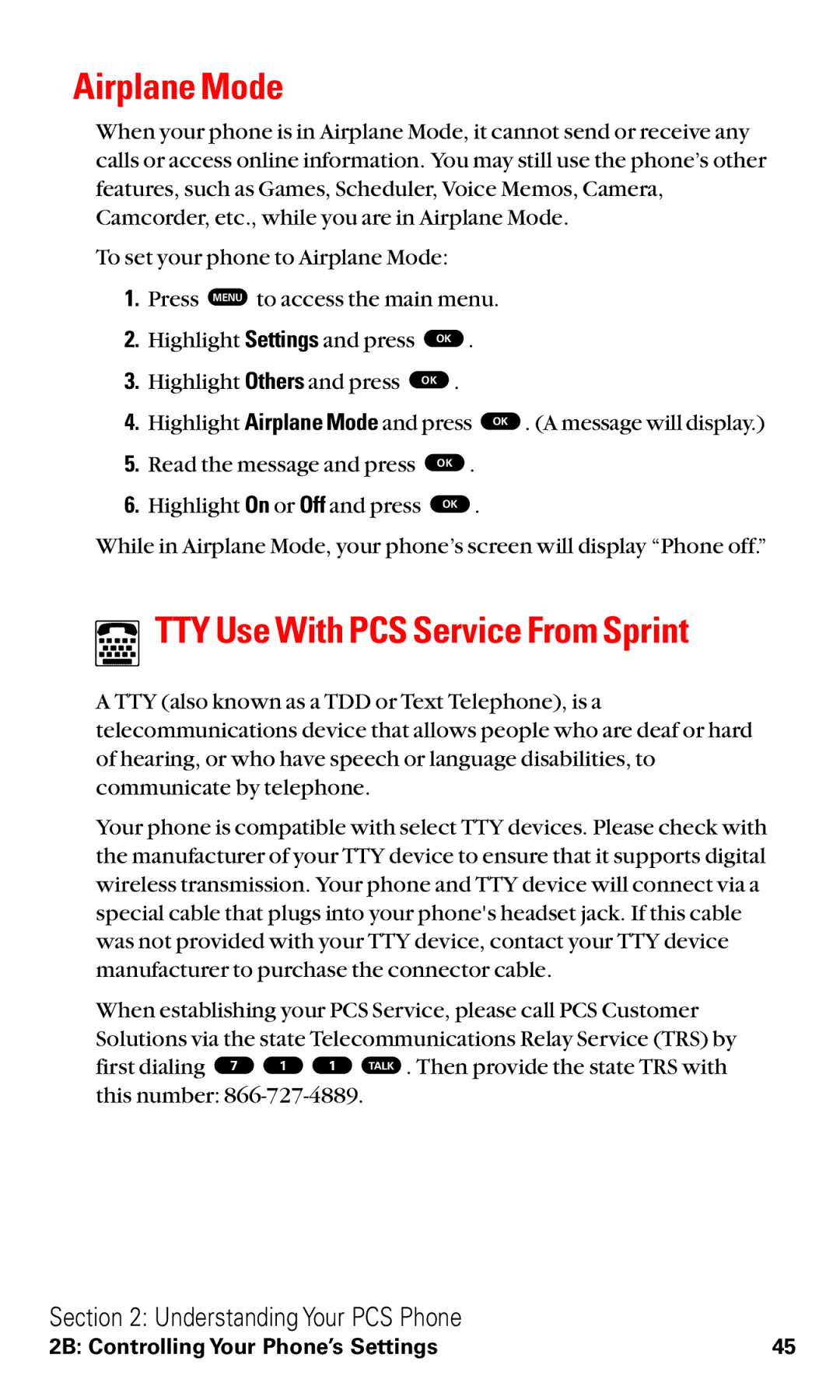 Toshiba VM4050 manual Airplane Mode, TTY Use With PCS Service From Sprint 