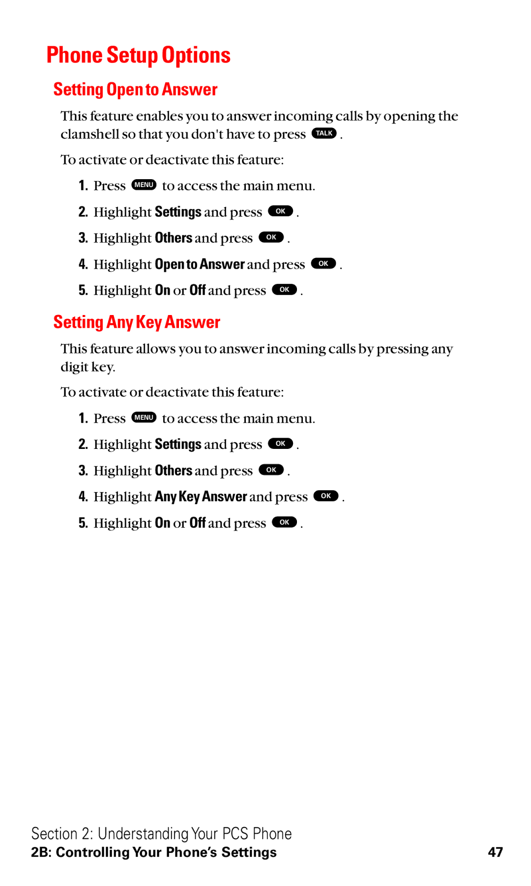 Toshiba VM4050 manual Phone Setup Options, Setting Open to Answer, Setting Any Key Answer 