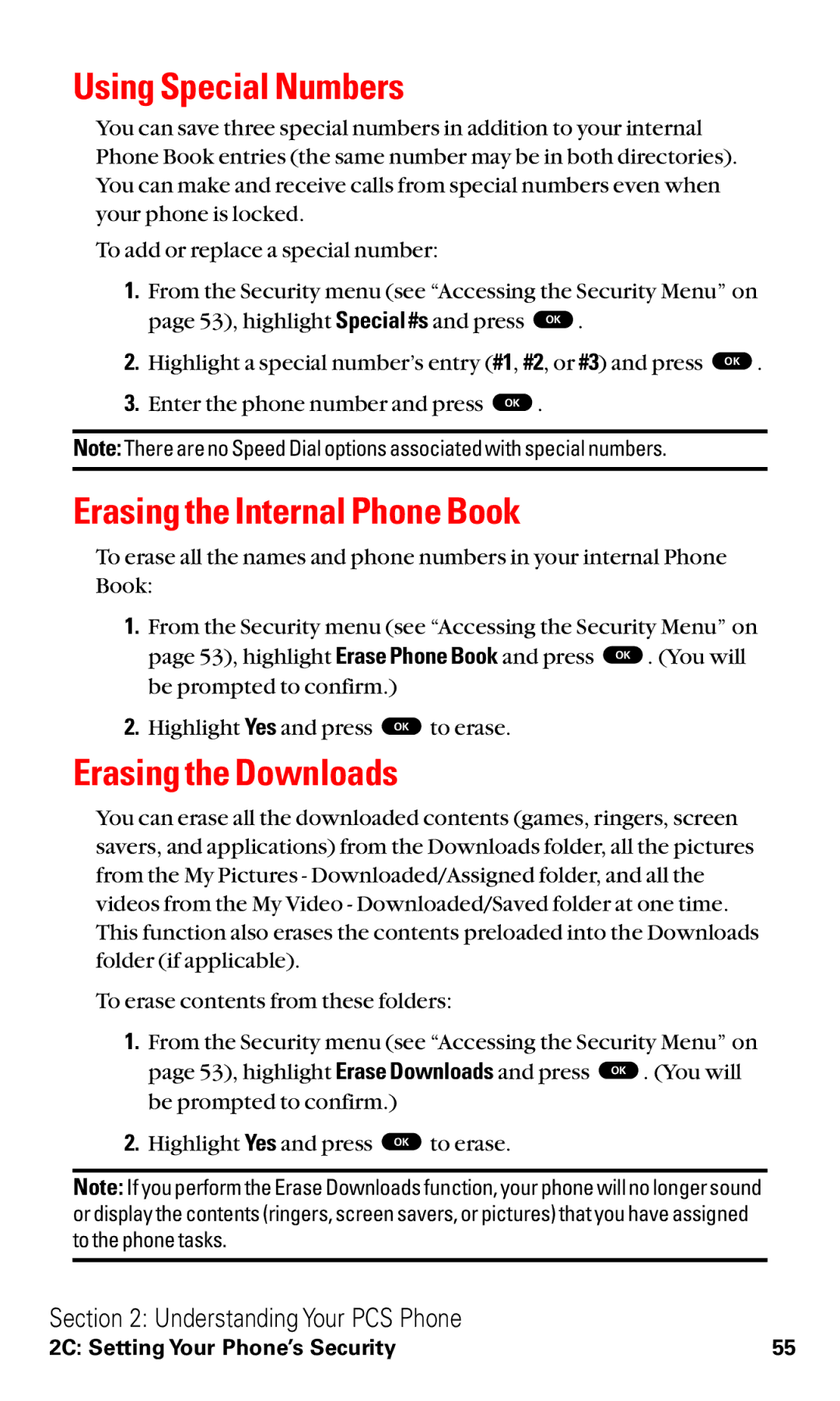 Toshiba VM4050 manual Using Special Numbers, Erasing the Internal Phone Book, Erasing the Downloads 